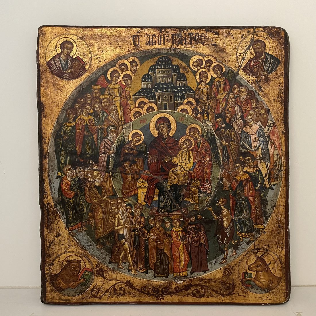 Een houten Russisch icoon ‘vier evangelisten en alle Heiligen’ begin 19e eeuw