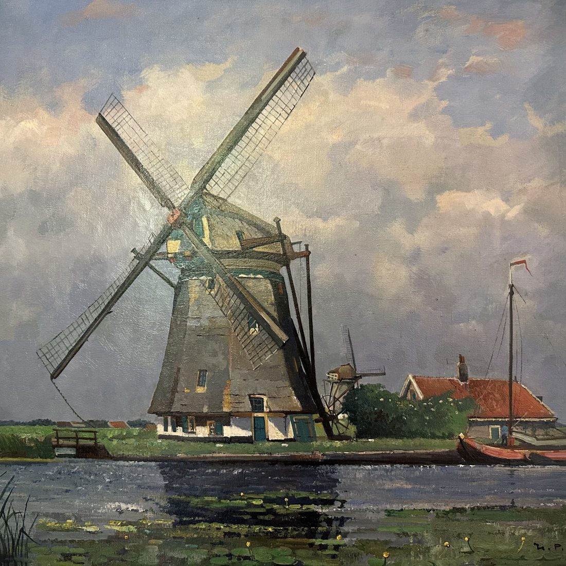 Hollands landschap met windmolen aan het water, Pieter Hendrik Groen 1886-1964