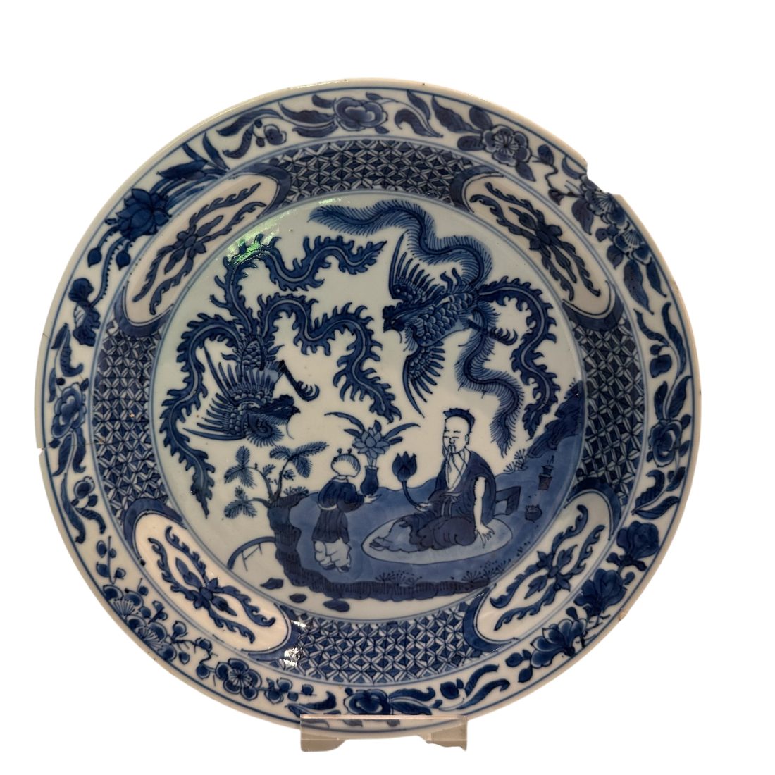 Blauw/wit Kangxi bord met twee feniksen, China