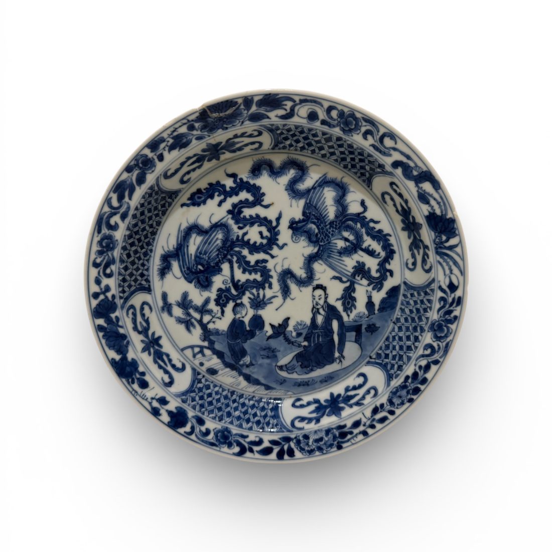 Blauw/wit porseleinen bord met twee Feniksen, Kangxi