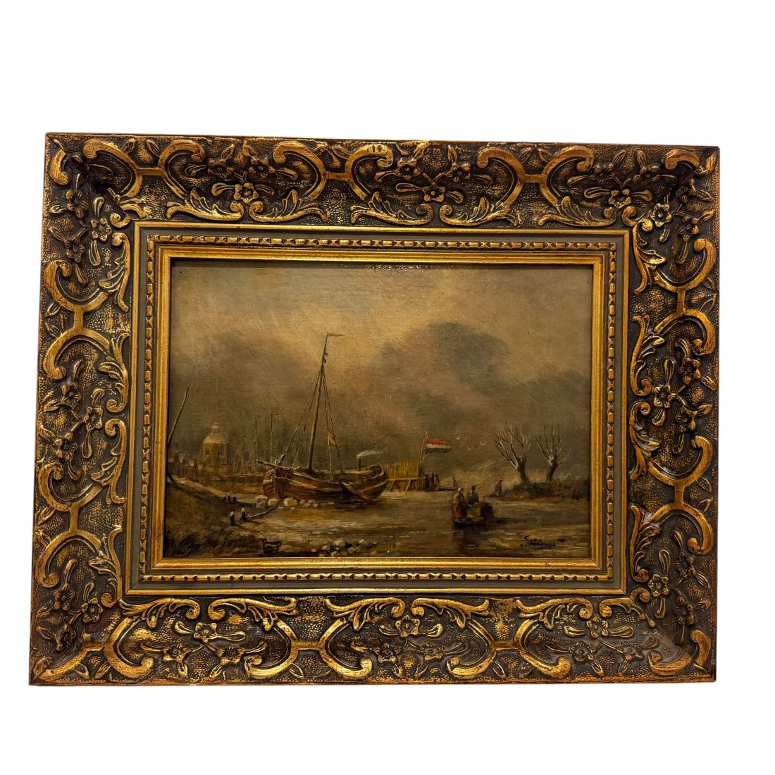 Hollands schip in een rivier landschap, Borgert Carolus van Ettinger (1916-1991)