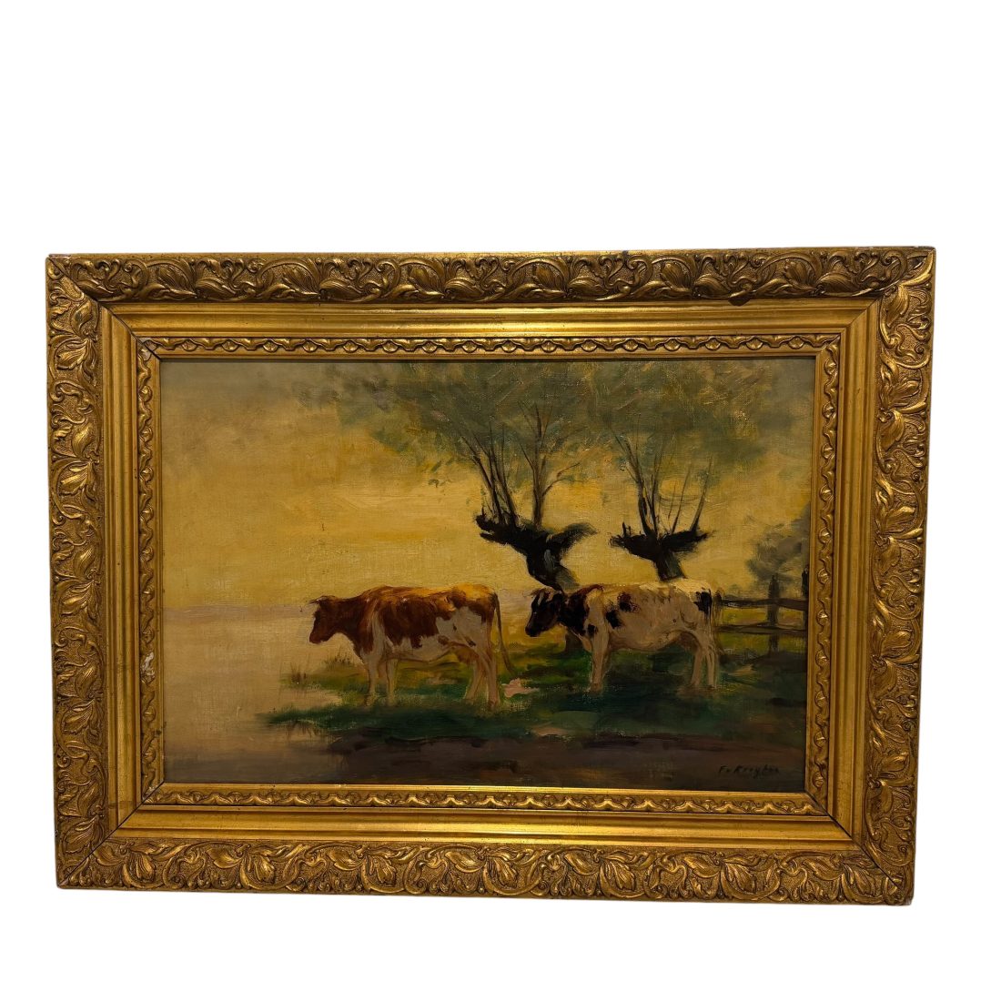 Een tweetal koeien in een bosrijke omgeving, Fedor van Kregten (1871-1931)